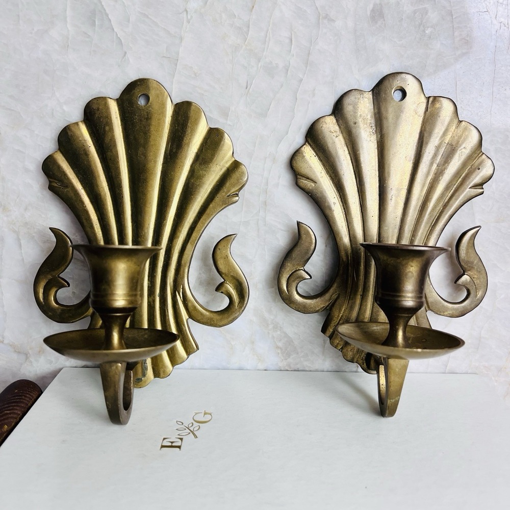 Vintage Brass Shell Wall Candle Sconces Pair Hollywood Regency Coastal 6"